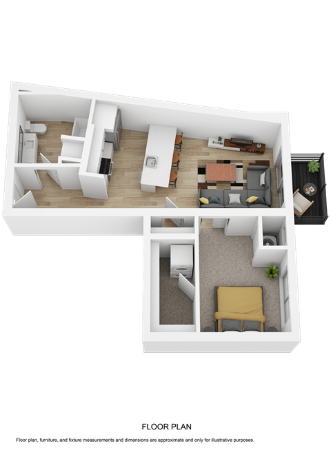 Floor plan for 1 bed, 1 bath, 675 sqft